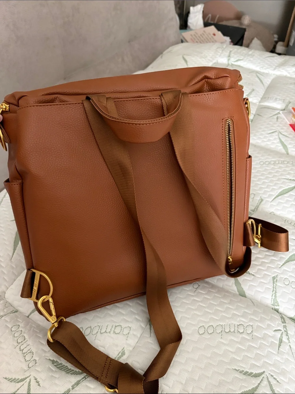 Fawn Pebbled Faux Leather diaper Backpack with Front Zip Pocket